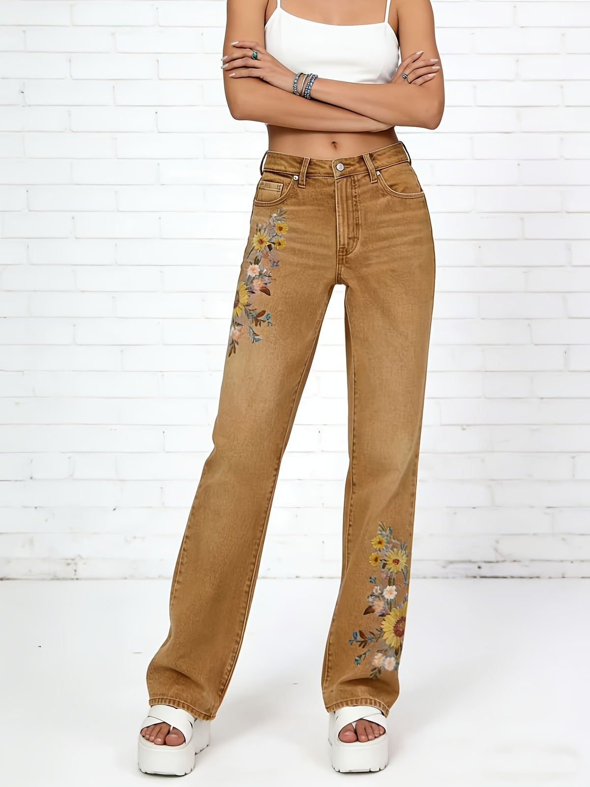 Women's High-Waisted Light Wash Stretch Straight Jeans Machine Washable Casual Pants Multi-Color S-XXL