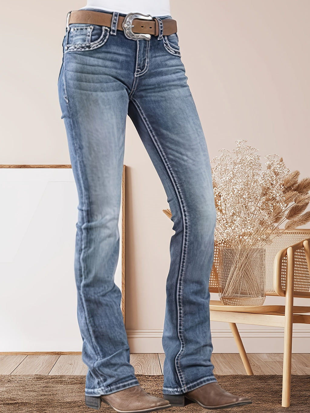Embroidered Flare Pants Women Stretch Contrast Stitching Vintage Blue - Elegant Fashion Long Pants, All Season Chic Streetwear, Classic Stylish Wide Leg Silhouette, No Belt