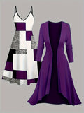 Printed Dress & Long Coat 2-Piece Set for Women – Elegant Fashionable Graphic Dress with Solid Color Longline Cardigan Coat, Chic Casual Outfit