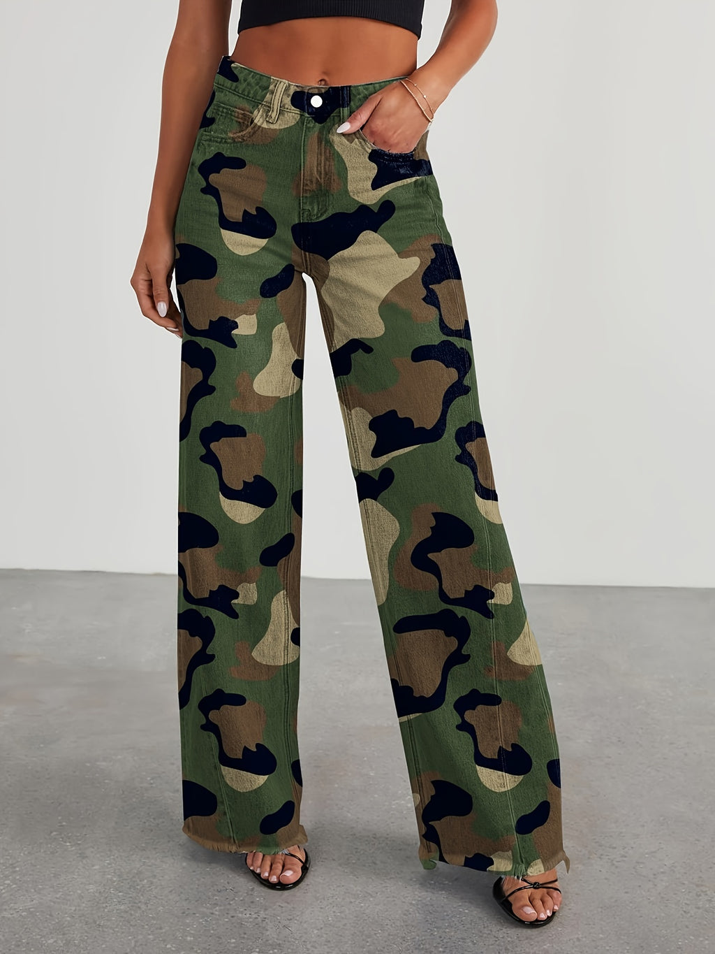 High-Waisted Wide Leg Jeans for Women - Casual Baggy Stretch Denim Pants with Pockets, Relaxed Fit Solid Color Trousers for Everyday & Weekend Wear