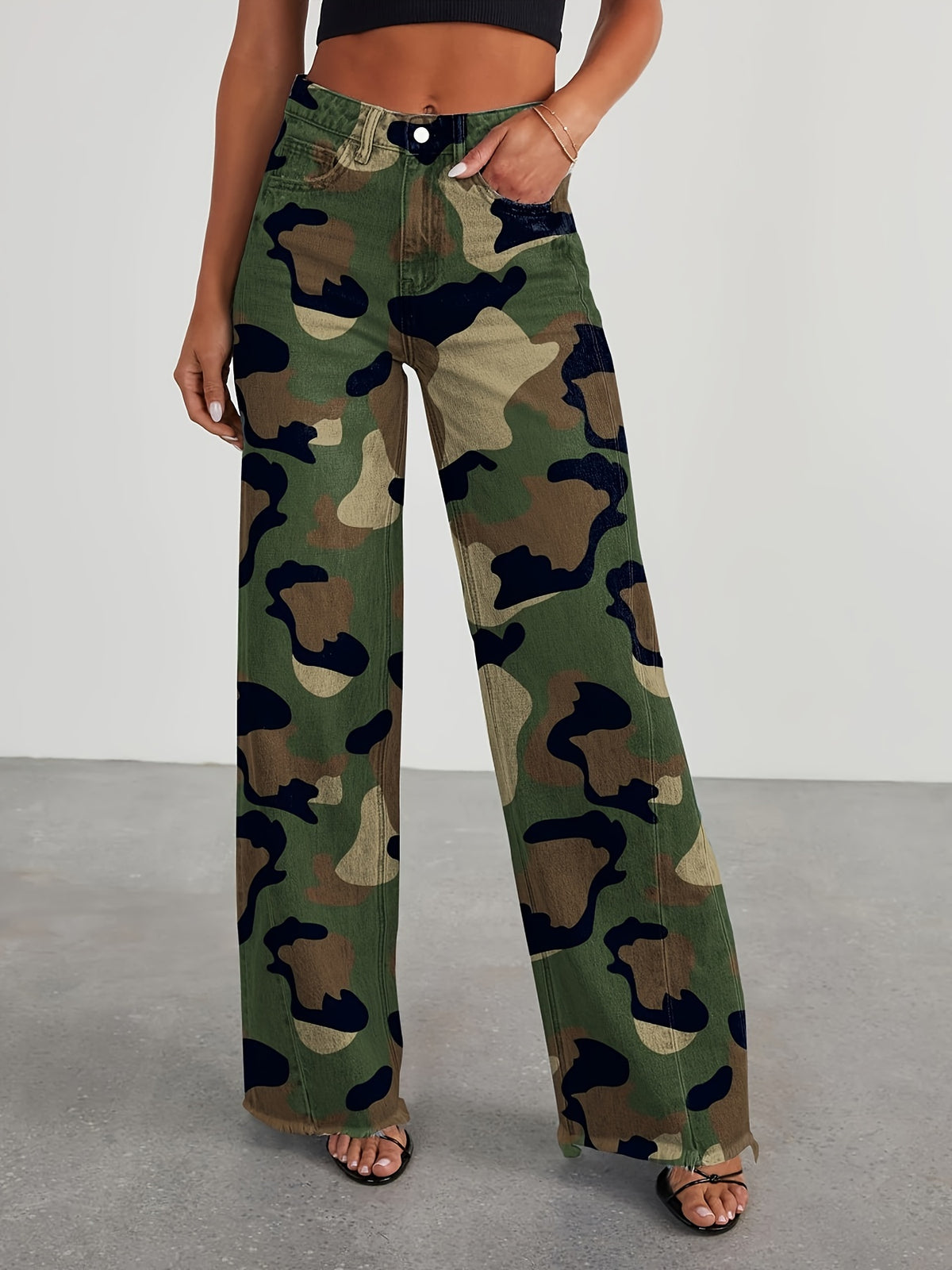 High-Waisted Wide Leg Jeans for Women - Casual Baggy Stretch Denim Pants with Pockets, Relaxed Fit Solid Color Trousers for Everyday & Weekend Wear
