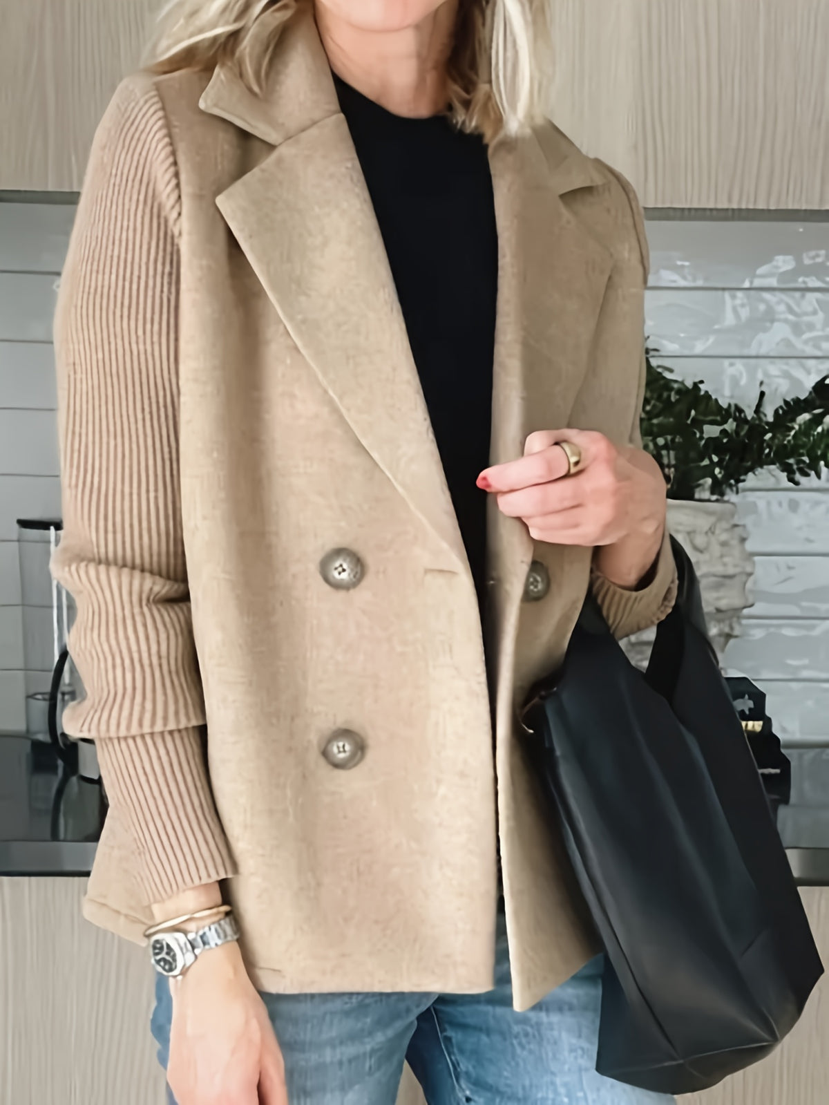 Women Double Breasted Loose Casual Suit Jacket Long Raglan Sleeve Solid Color Fall Winter Dark Brown Khaki Blue Grey Green Pink S-XXL