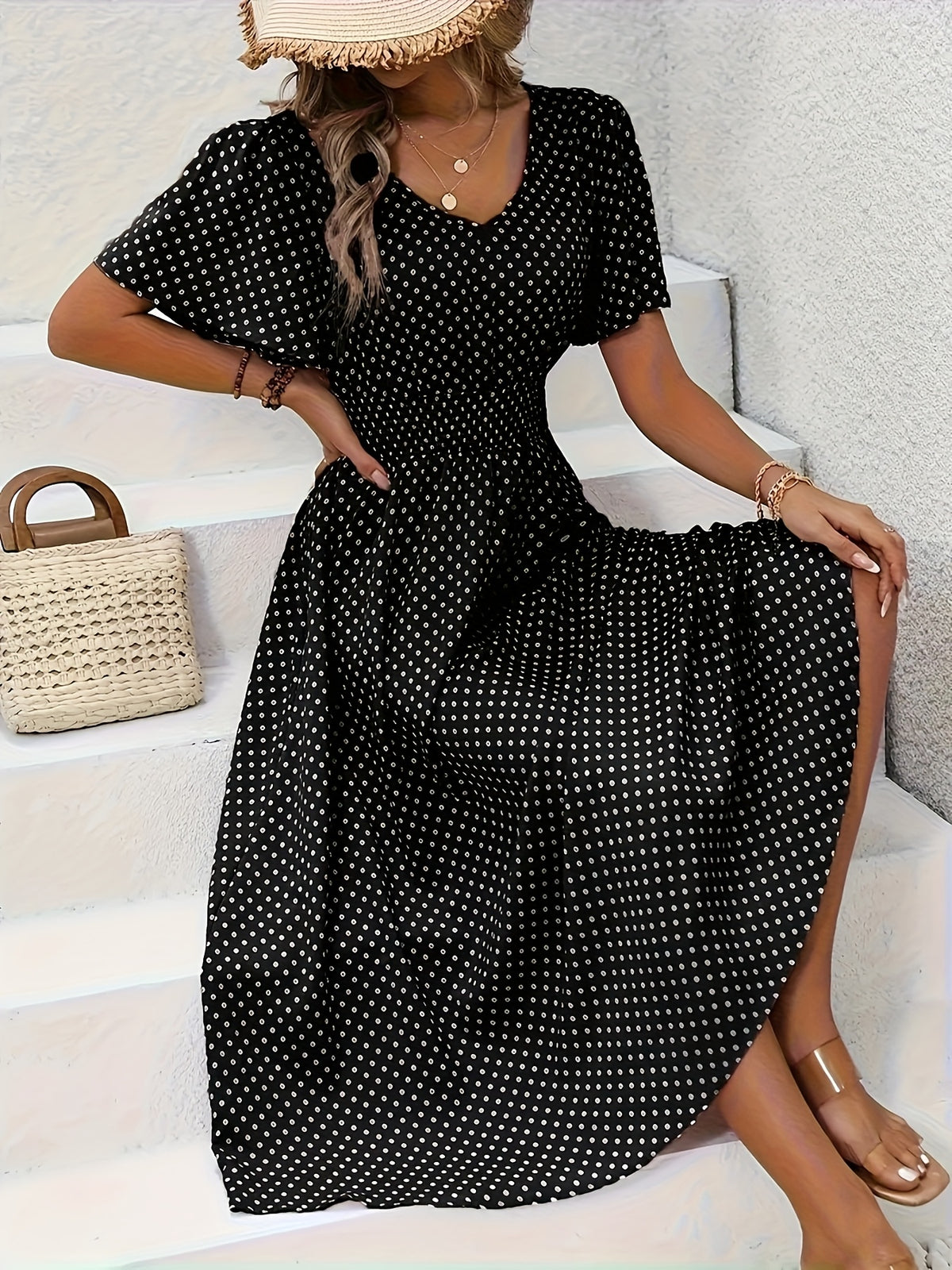 Polka Dot Swing Dress Women V-Neck Ruffled Sleeve Casual Long Dress Waist Enhancing Spring Summer Lightweight Pale Pink Gray Light Blue Green S-XXL