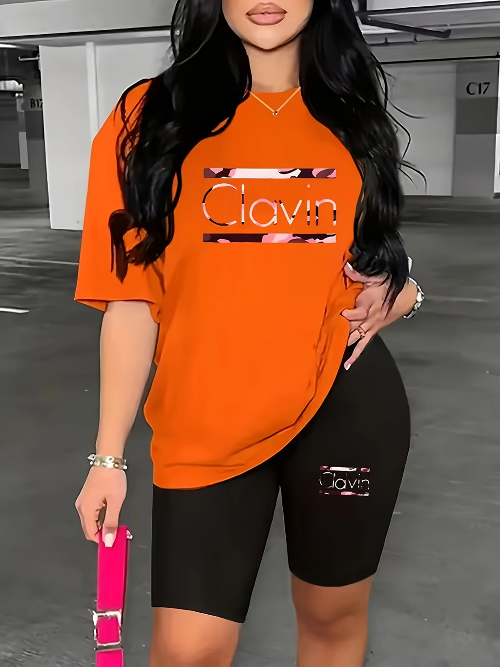 Women's 2-Piece Oversized T-Shirt and Fitted Shorts Matching Set Lettering Print Streetwear Loungewear