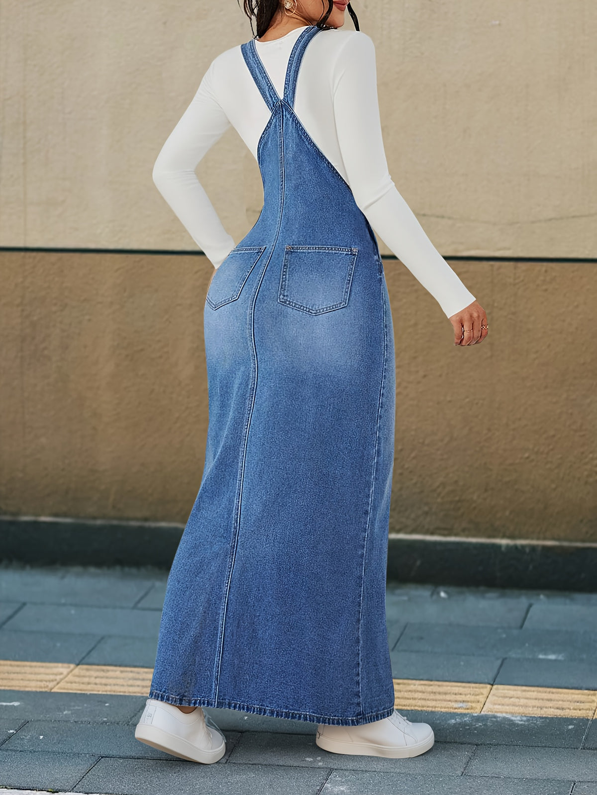Women's Denim Maxi Dress Loose Fit Detachable Strap Button Closure Casual Chic Long Dress Spring Summer Fall