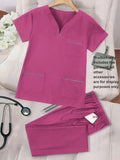 Women's 2pcs Color-Block Scrub Set V-Neck Matte Breathable Top & Pants Work Uniform with Pockets