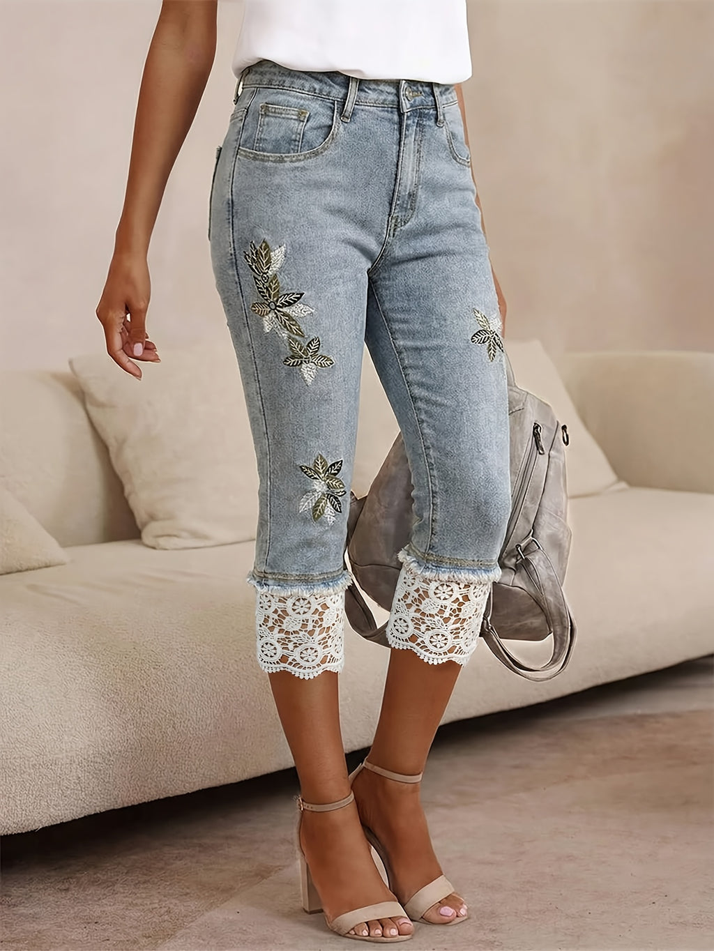 High Waist Embroidered Lace Trim Denim Capri Pants Women Light Blue Slim Fit Retro Sweet Casual Commute Date Spring Summer