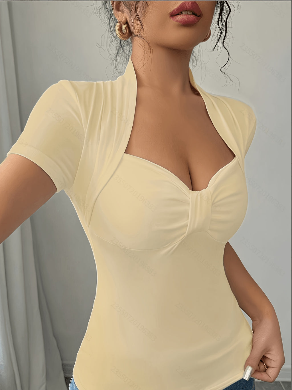 Sweetheart Neck Ruched Front T-Shirt Women Short Sleeve Slim Fit Stretch Tee Solid Color Fitted Casual Top Daily Work Travel Streetwear S-XXL