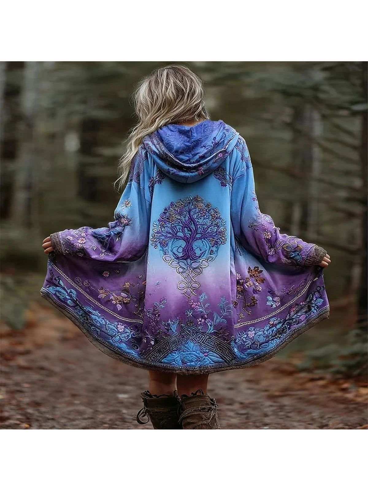 Bohemian Tree of Life Gradient Cardigan Women Hooded Oversized Printed Coat Boho Forest Vacation Photoshoot S-XXL
