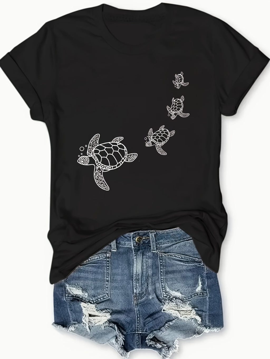 Women's Turtle Print T-Shirt Short Sleeve Round Neck Casual Daily Wear Top Black White Gray S-XXL