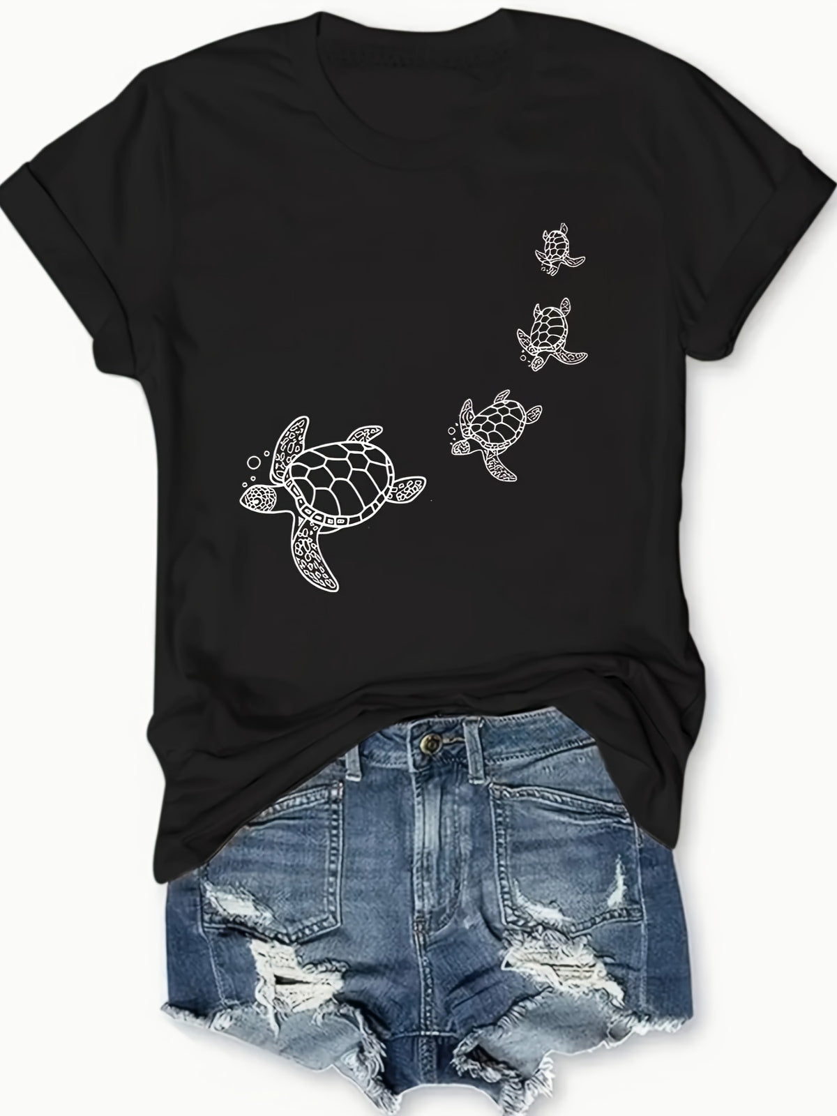 Women's Turtle Print T-Shirt Short Sleeve Round Neck Casual Daily Wear Top Black White Gray S-XXL