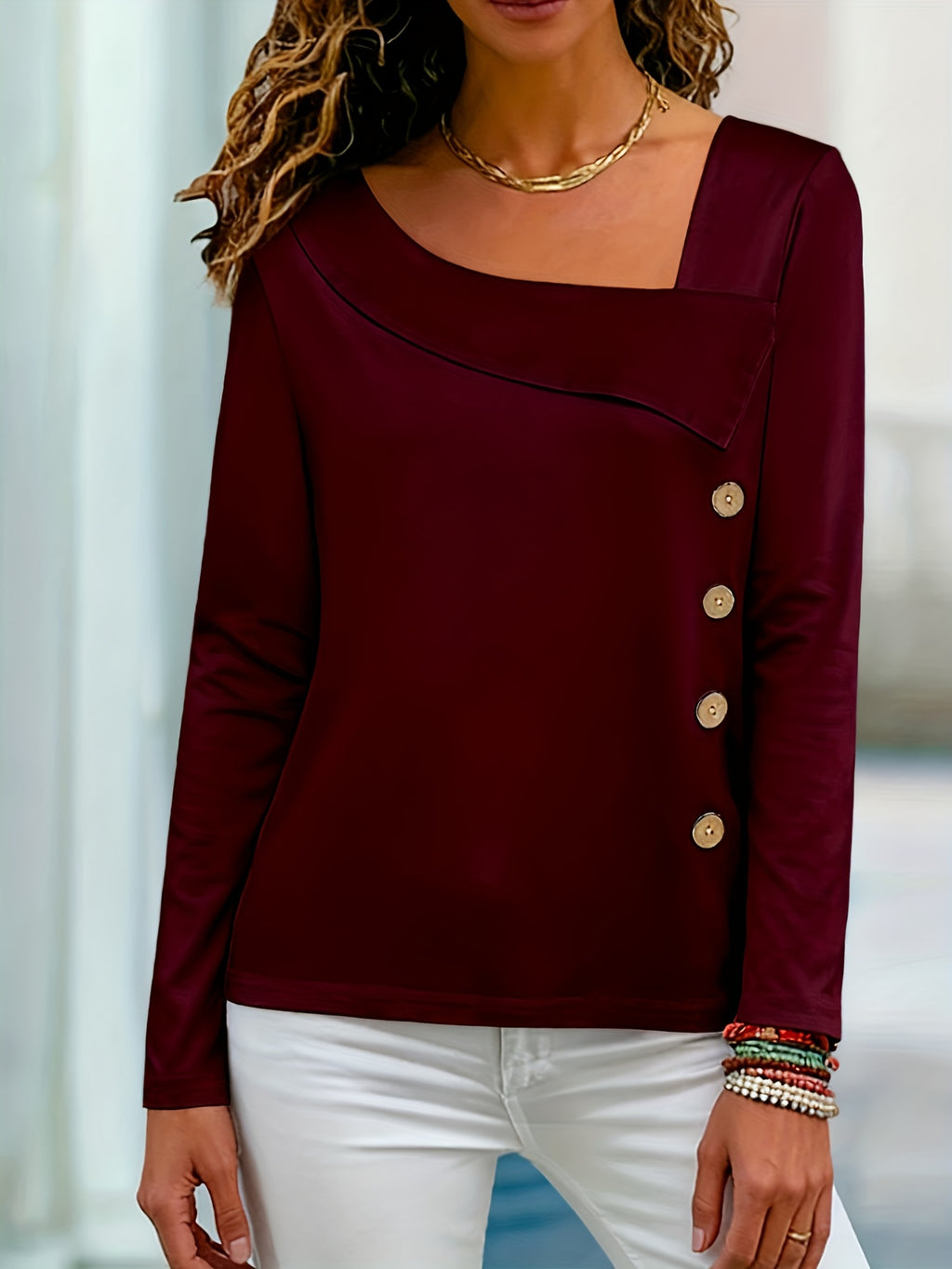 Women's Asymmetrical Long Sleeve Square Neck Fashion Top Solid Color Casual Stretch Blouse Everyday Outfit