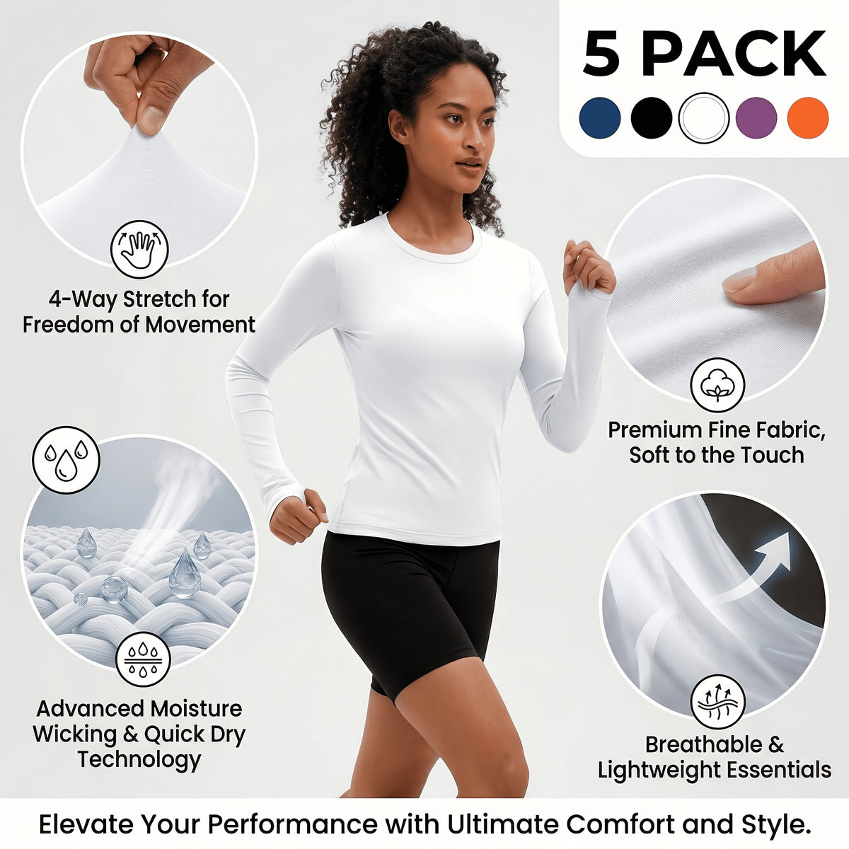 5-Pack Long Sleeve Women T-Shirts V-Neck Moisture-Wicking Breathable High Stretch Outdoor Solid Color Top Four Seasons Assorted Colors