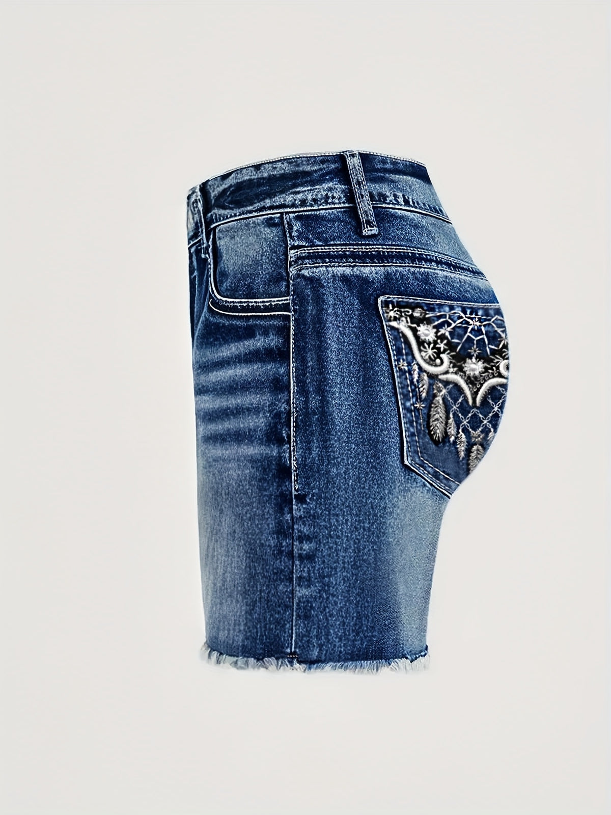 High Waist Embroidery Frayed Denim Shorts Women Stretch Washed Blue Casual Mature Style Versatile Outing Jean Shorts