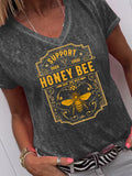 Women's Graphic V-Neck Tee Support Local Honey Bee Save The Bees Short Sleeve Top Loose Fit Casual T-Shirt Multi Color