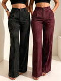 Striped Wide Leg Pants 2 Piece Set Women - High Waist Loose Fit Elegant Casual Outfit with Asymmetrical Pockets, All Season Polyester Machine Washable Work & Daily Fashion Set