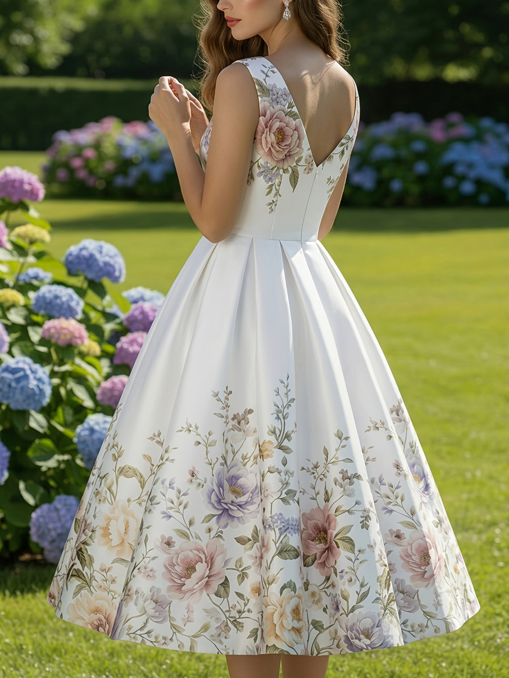 Printed Sleeveless V-Neck Dress Women Waist-Cinching Flared Skirt Elegant Spring Summer Casual Dress for Garden Party Date