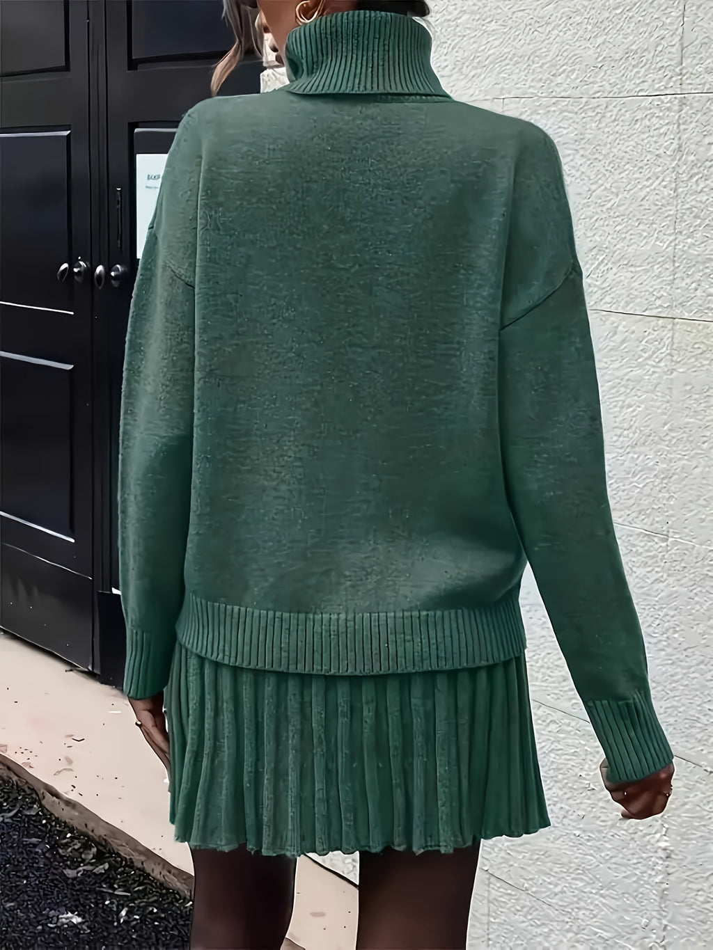 High-Neck Sweater Pleated Skirt Two-Piece Set Women Elegant Drop Shoulder Long Sleeve | Chic Knit Top + Pleated Skirt Co-Ord for Fall Winter Office & Daily Wear