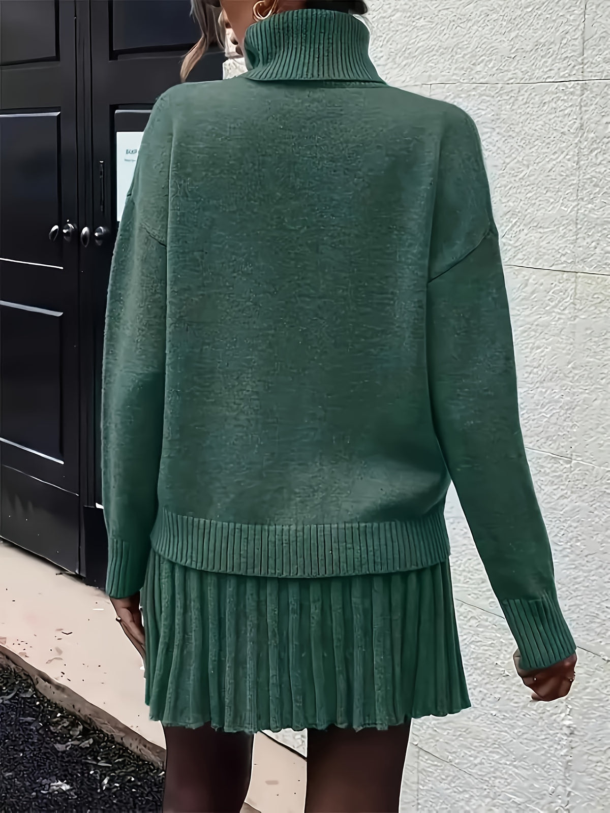 High-Neck Sweater Pleated Skirt Two-Piece Set Women Elegant Drop Shoulder Long Sleeve | Chic Knit Top + Pleated Skirt Co-Ord for Fall Winter Office & Daily Wear