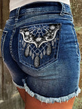 High Waist Embroidery Frayed Denim Shorts Women Stretch Washed Blue Casual Mature Style Versatile Outing Jean Shorts