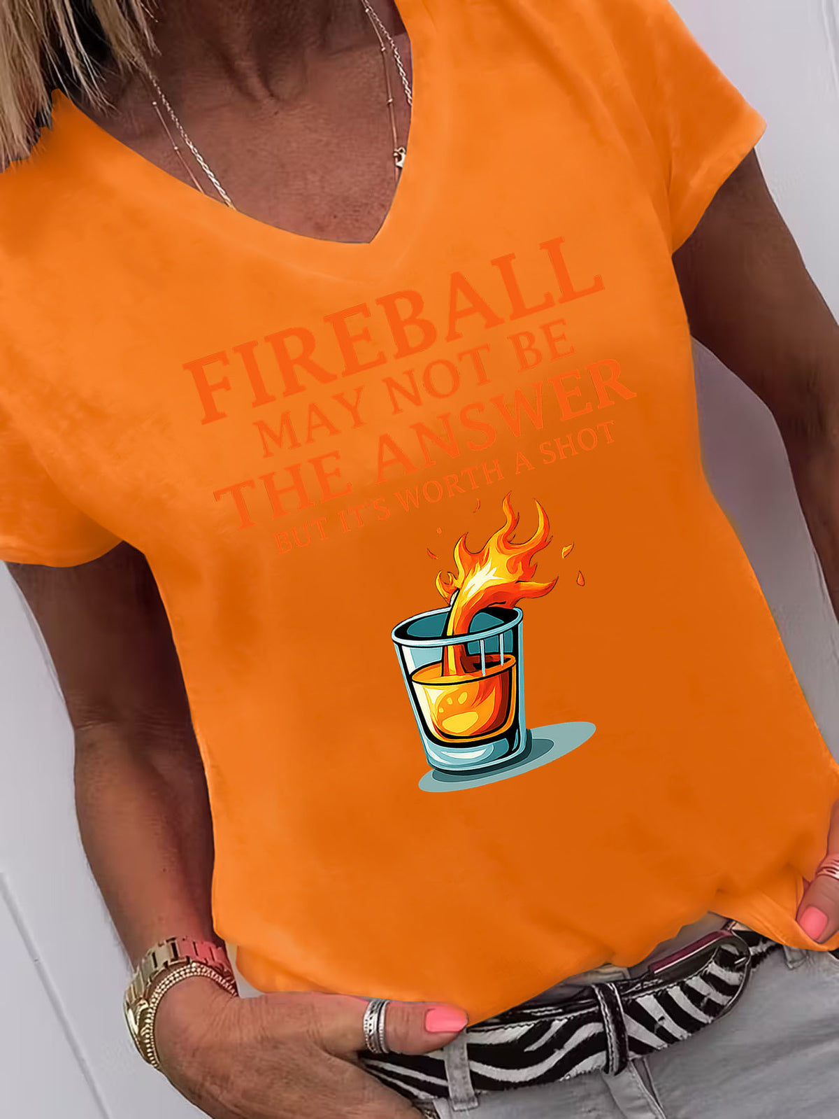 Fireball May Not Be The Answer Funny Quote V-Neck T-Shirt Women Casual Graphic Print 95% Polyester Stretch Knit Short Sleeve Novelty Holiday Gift Tee S-XXL