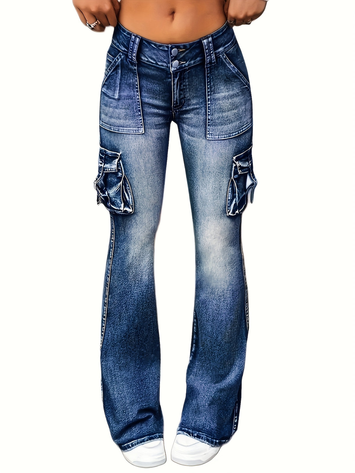 Low Waist Slim Jeans Women Retro Elastic Denim Pants 7 Pockets Flip Cover Casual Fashion Medium Blue S-XXL