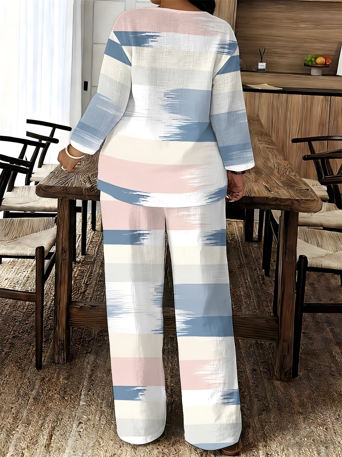 V-Neck Long Sleeve Printed Shirt Pants 2pcs Set Women Floral Digital Print Elastic Waist Casual Loungewear Spring Summer Two-Piece Outfit 15 Colors S-XXL