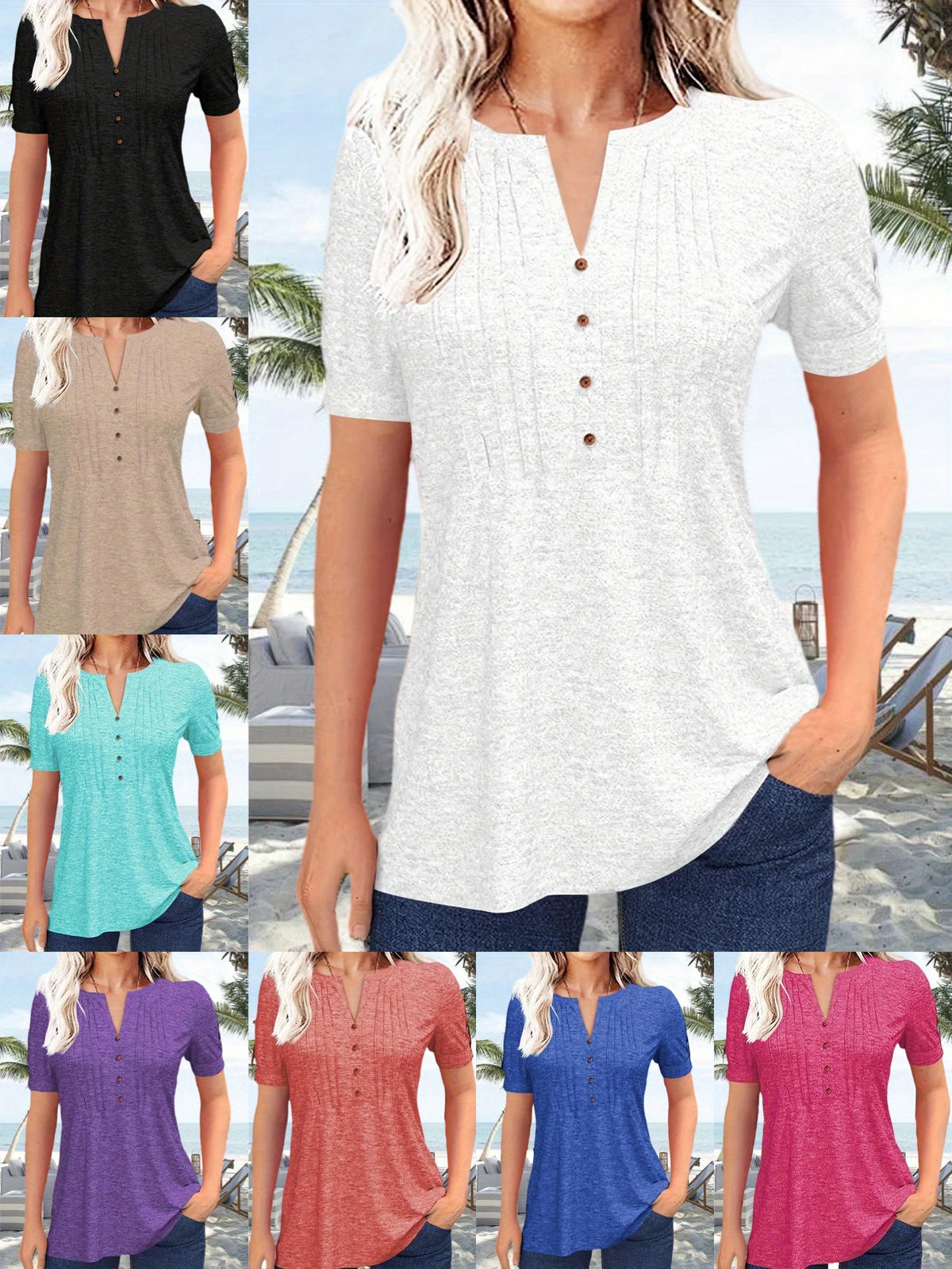 V-Neck Pleated Blouse Women Short Sleeve Button-Up Solid Color Summer Casual Flowy Top S-XL
