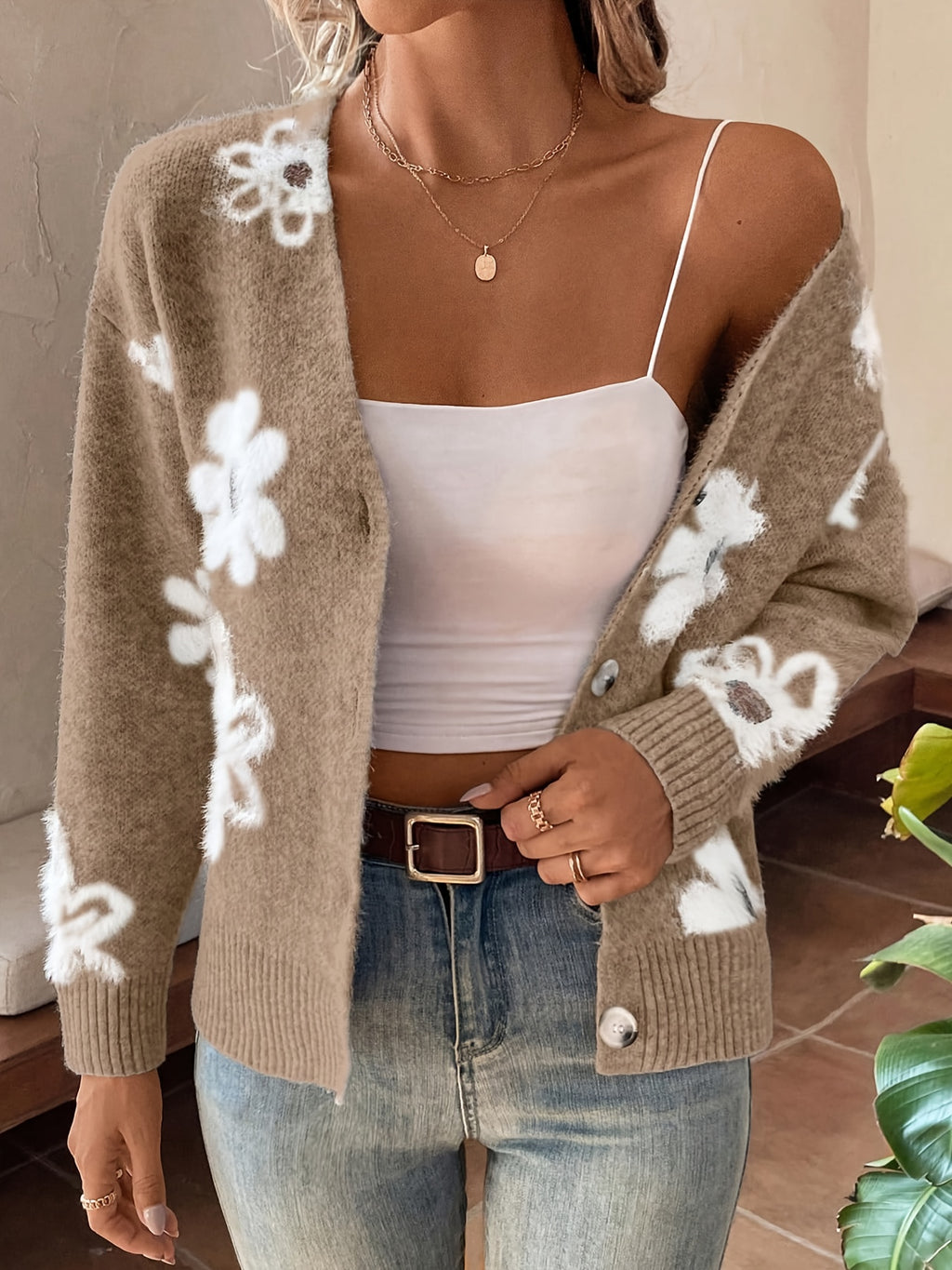 Womens Printed Button Cardigan V Neck Drop Shoulder Loose Coat Casual Knit Layering Top Blue Pink Green Grey Khaki S-XL