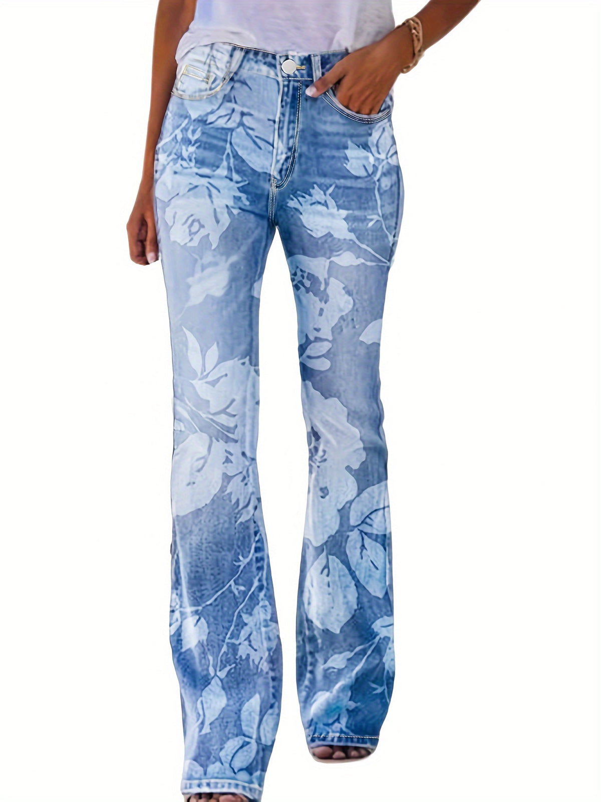 High Waist Elastic Floral Print Wide Leg Flare Pants Women Retro Bootcut Trousers Light Blue S-XXL
