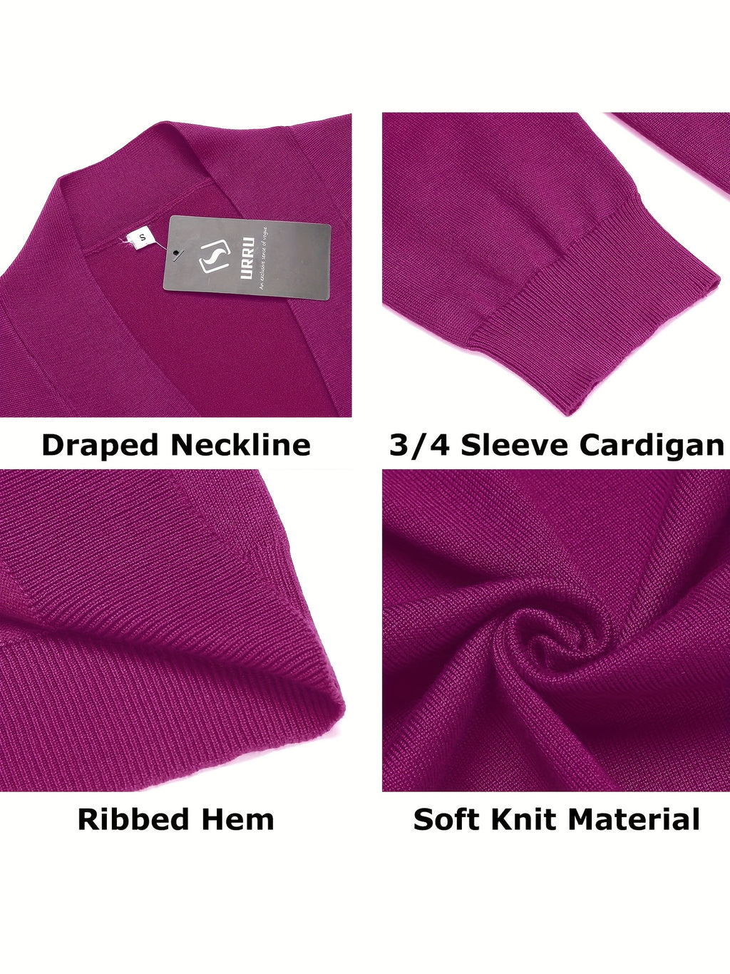 Cropped Open Front Cardigan Women 3/4 Sleeve Knit Shrug Ribbed Hem Draped Neckline Lightweight Stretchy Layering Top 9 Colors Spring Summer Fall S-XXL