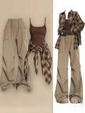 3 Piece Y2K Streetwear Set for Women – Plaid Long Sleeve Shirt + Spaghetti Vest + Wide Leg Cargo Pants, Harajuku Casual All-Season, Sizes S-XXL