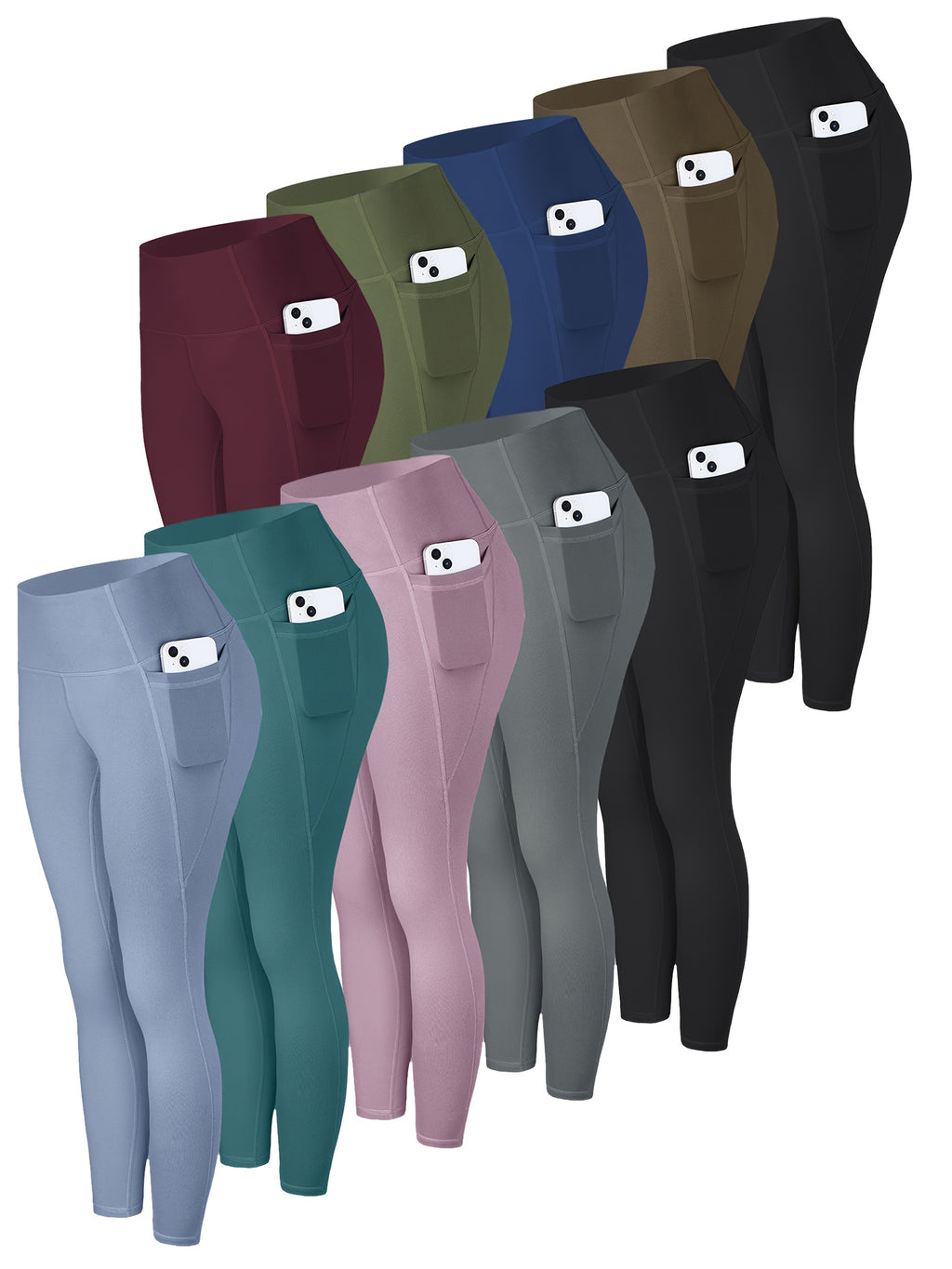 10pcs Solid Color High Waisted Leggings for Women – Cropped Tight Leggings with 2 Pockets, Multicolor