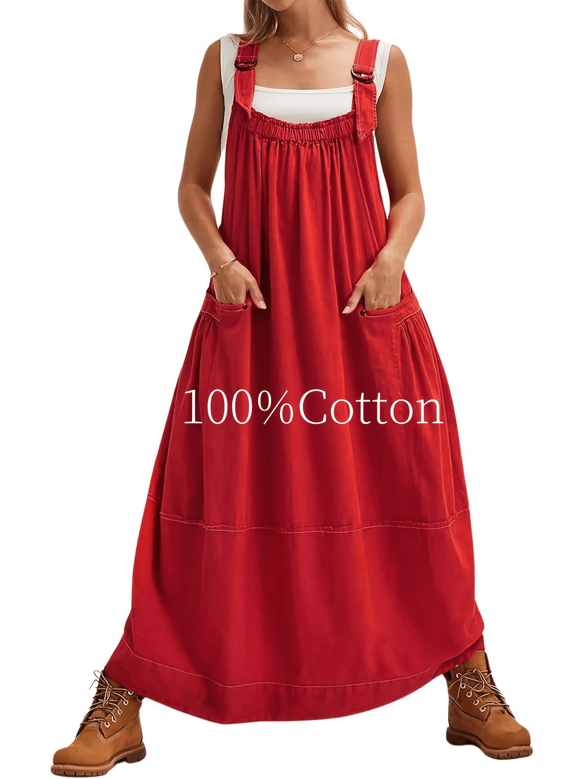 Overall Dress Women Loose Adjustable Strap Midi Length Big Pockets Workwear Casual Bib Jumper Dress Spring Summer S M L XL XXL