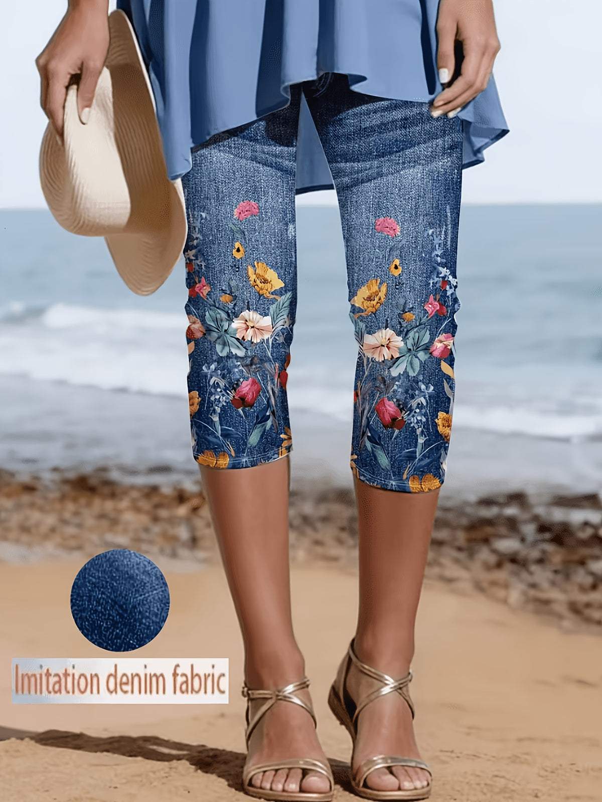 Faux Denim Print Capri Leggings for Women – Imitation Denim Floral Pattern 3/4 Length, Mid-Stretch Knit, Elegant Party Vacation Commute, 5 Colors S-XXL