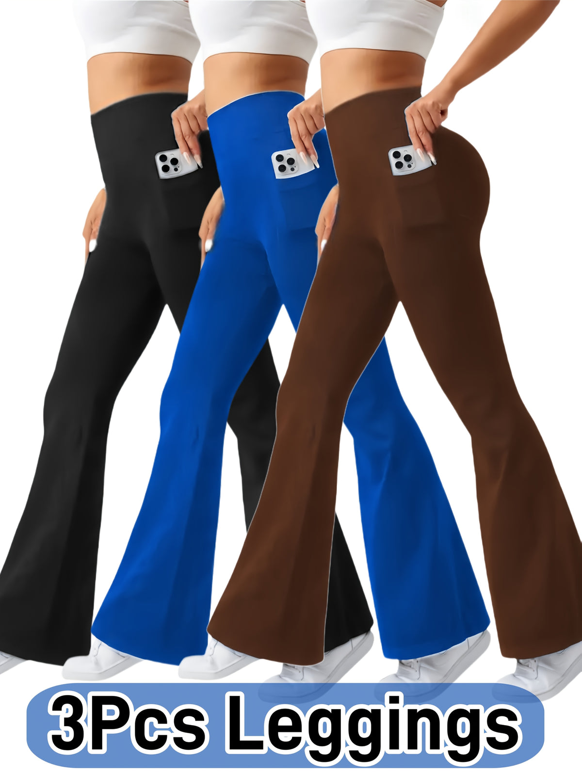 Flare Leggings with Pockets Women 3 Pack Ultra Soft High Waist Tummy Control Bootcut Stretch Pants 4 Colors All Season S-XXL