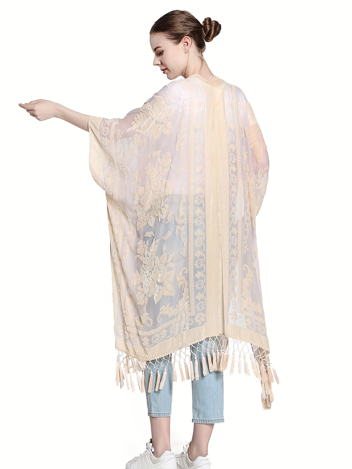 Boho Burnout Velvet Kimono Women Long Cardigan Cover Up Tassel Floral Embroidered One Size