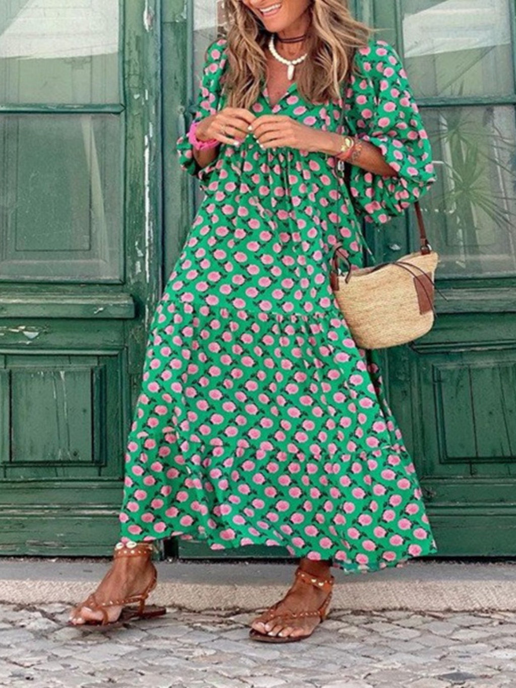 Boho Floral Puff Sleeve Maxi Dress Women V-Neck Lantern Sleeve Loose Long Dress Geometric Floral Print Lightweight Summer Dress S-XXL