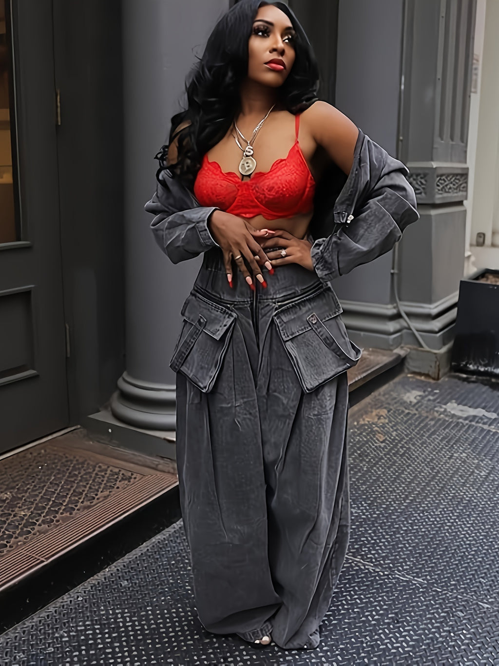 Denim 2-Piece Set Women Ruched Zip-Up Cropped Jean Jacket Wide Leg Pants Chic Matching Outfit Black Sky Blue S-XXL