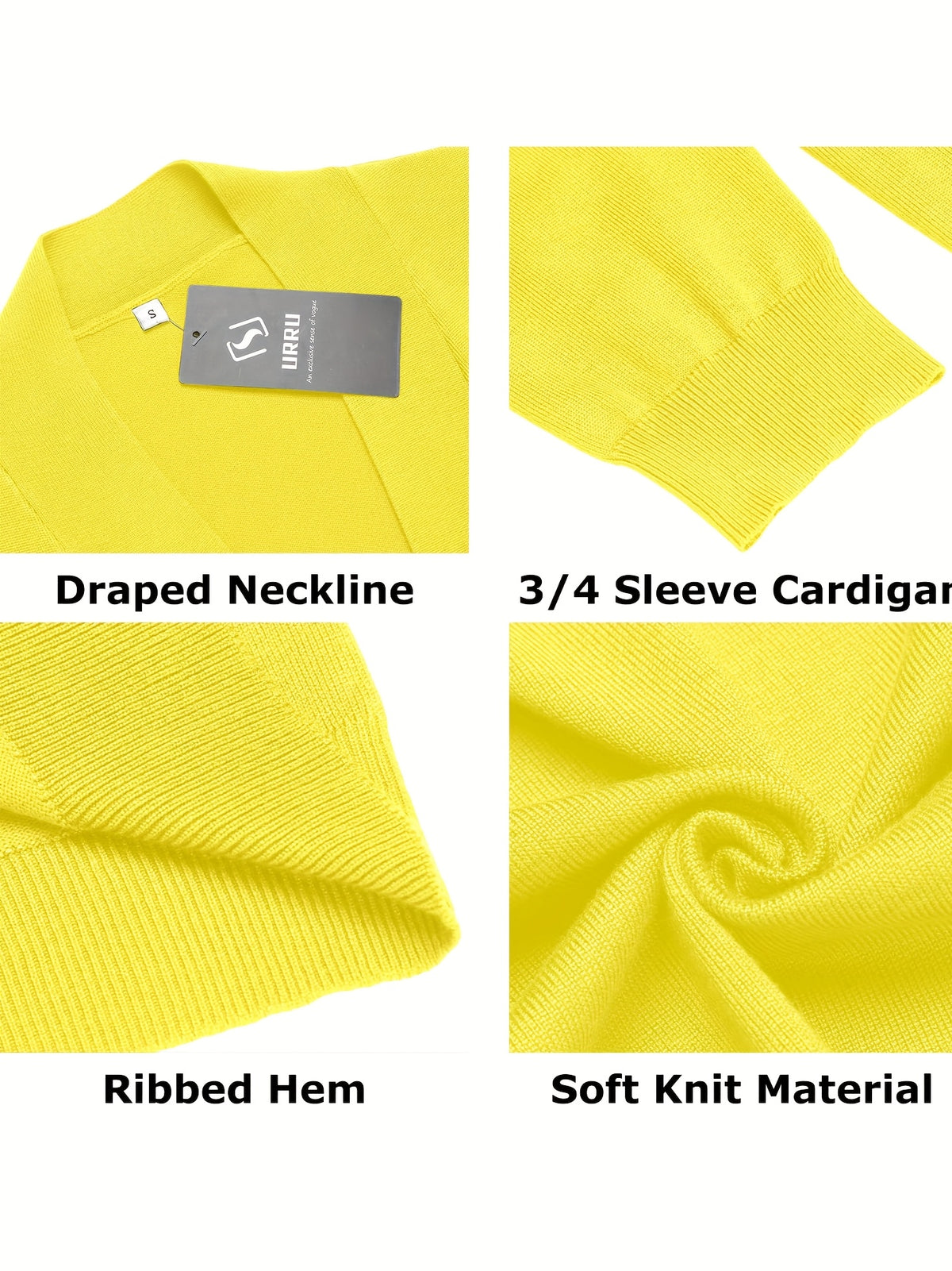 Cropped Open Front Cardigan Women 3/4 Sleeve Knit Shrug Ribbed Hem Draped Neckline Lightweight Stretchy Layering Top 9 Colors Spring Summer Fall S-XXL