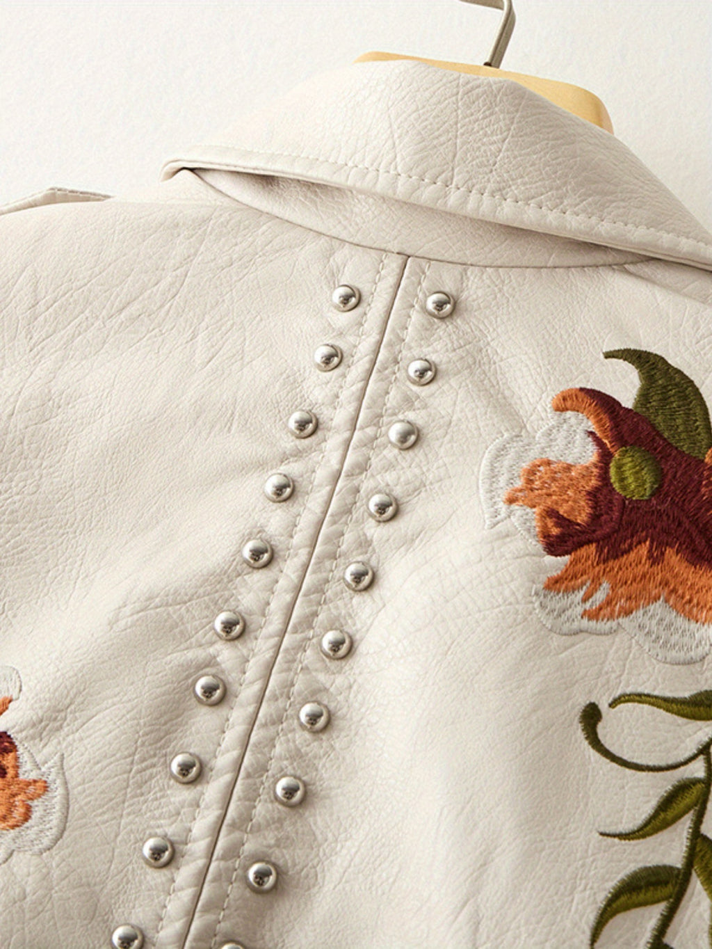 Floral Embroidered Moto PU Jacket Women Studded Faux Leather Coat Casual All Season Streetwear Biker Jacket