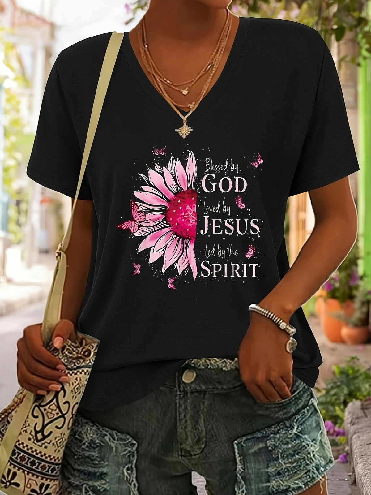 Printed V-Neck T-Shirt Women Casual Short Sleeve Summer Top 5 Colors S-XXL