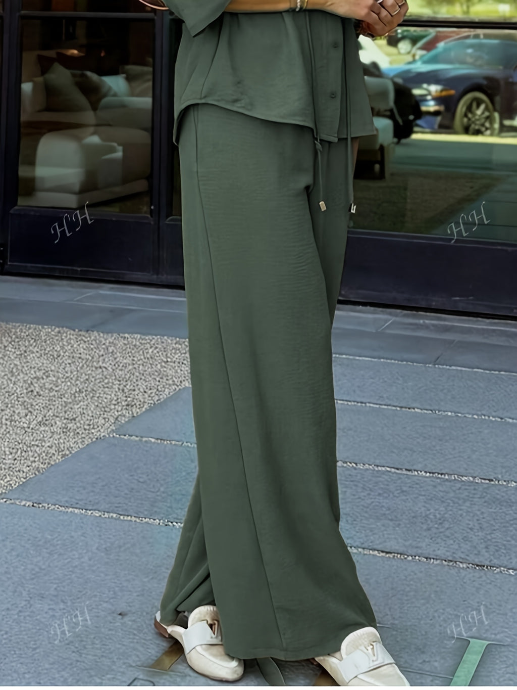 Khaki Shirt-Style Top & Wide-Leg Pants 2-Piece Set for Women – Drawstring Adjustable Waist Casual Outfit for Outings, Daily Commute & Light Social Occasions