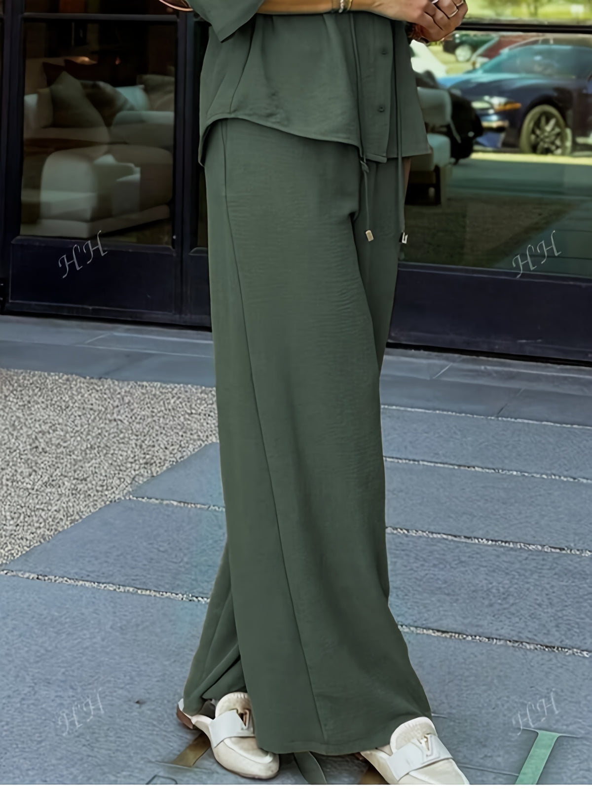 Khaki Shirt-Style Top & Wide-Leg Pants 2-Piece Set for Women – Drawstring Adjustable Waist Casual Outfit for Outings, Daily Commute & Light Social Occasions