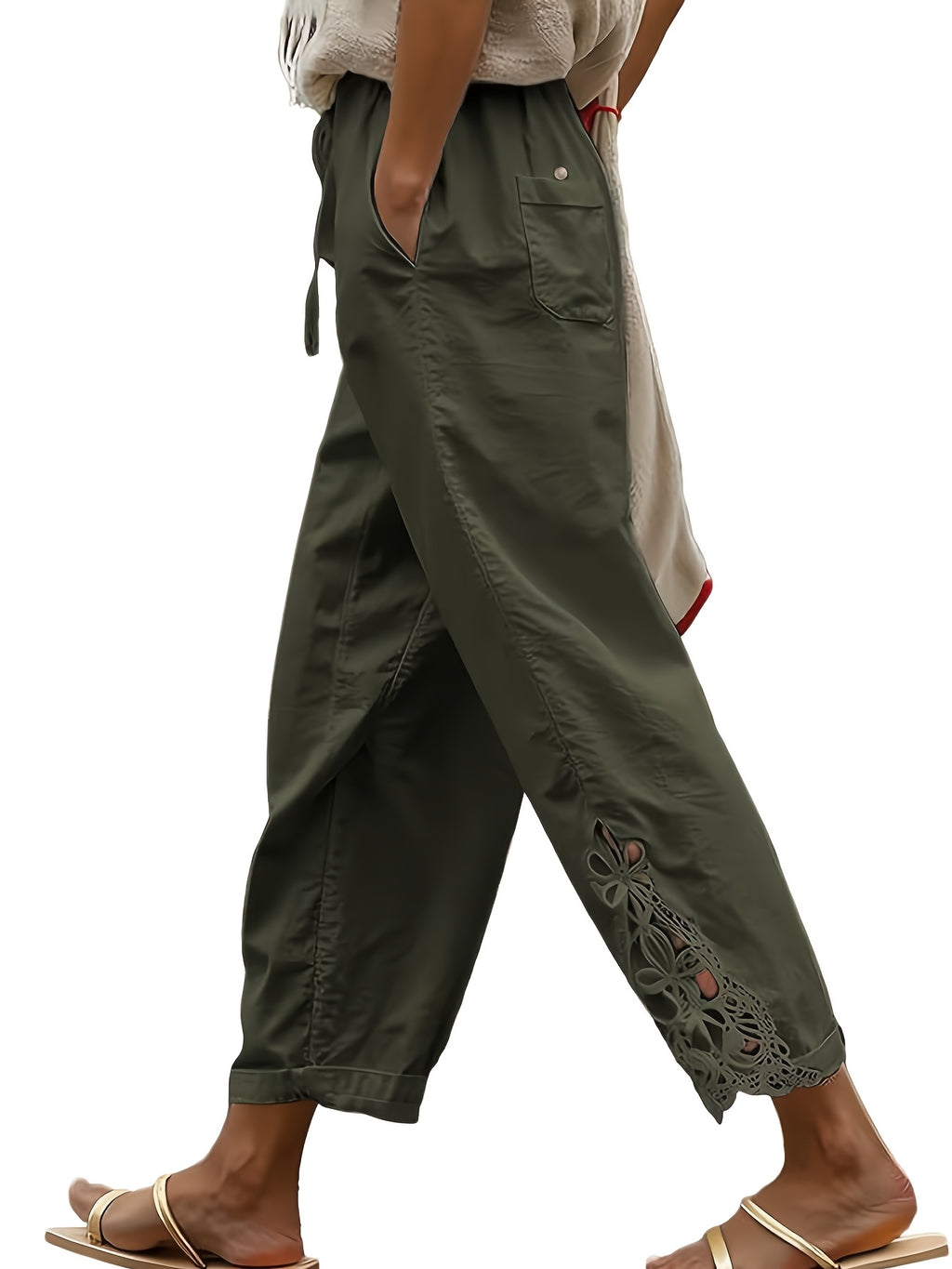 Lace Trim Wide Leg Pants Women High Waist Drawstring Casual Nine-Point Pants White Khaki Black Grey S-XXL