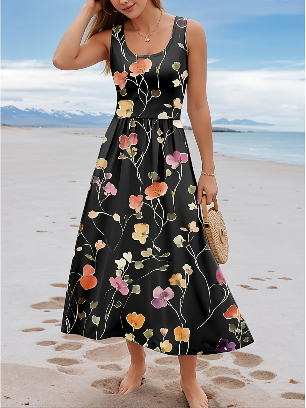 Digital Print Sleeveless A-Line Dress Women Pleated Vest Style Elegant Casual Spring Summer Vacation Commute Party Dress S-XXL
