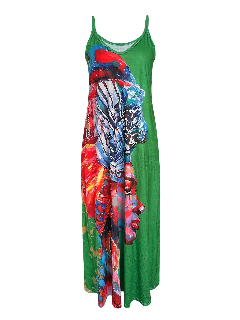 Portrait Print Spaghetti Strap Maxi Dress Women Long Summer Casual Boho European American Style Dress S-XXL