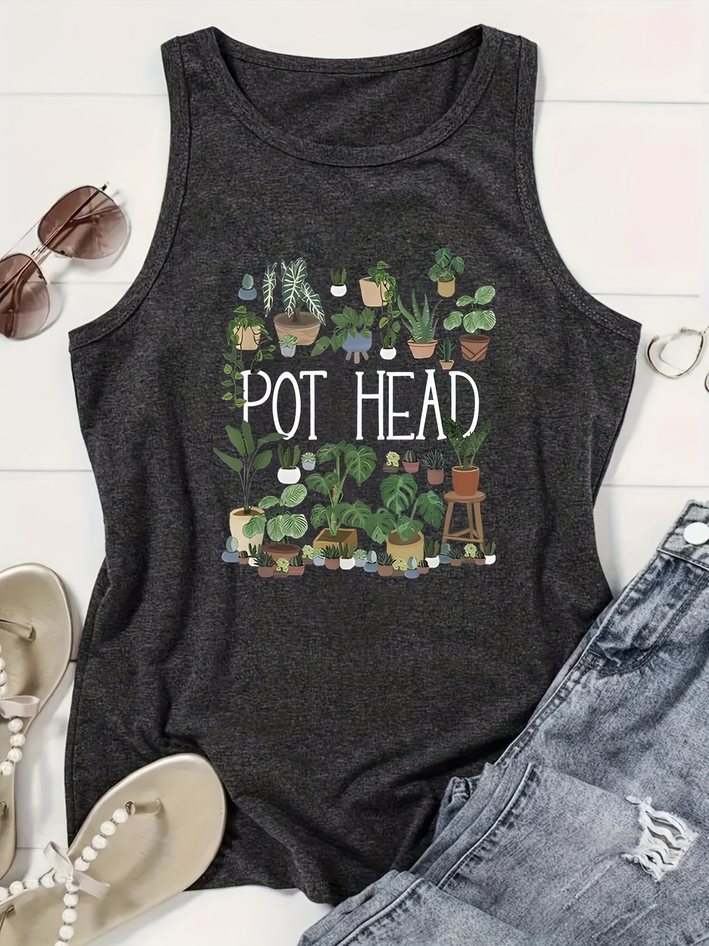 Women's Sleeveless Tank Top Letter Print Crew Neck Casual Summer Blouse Layering Top
