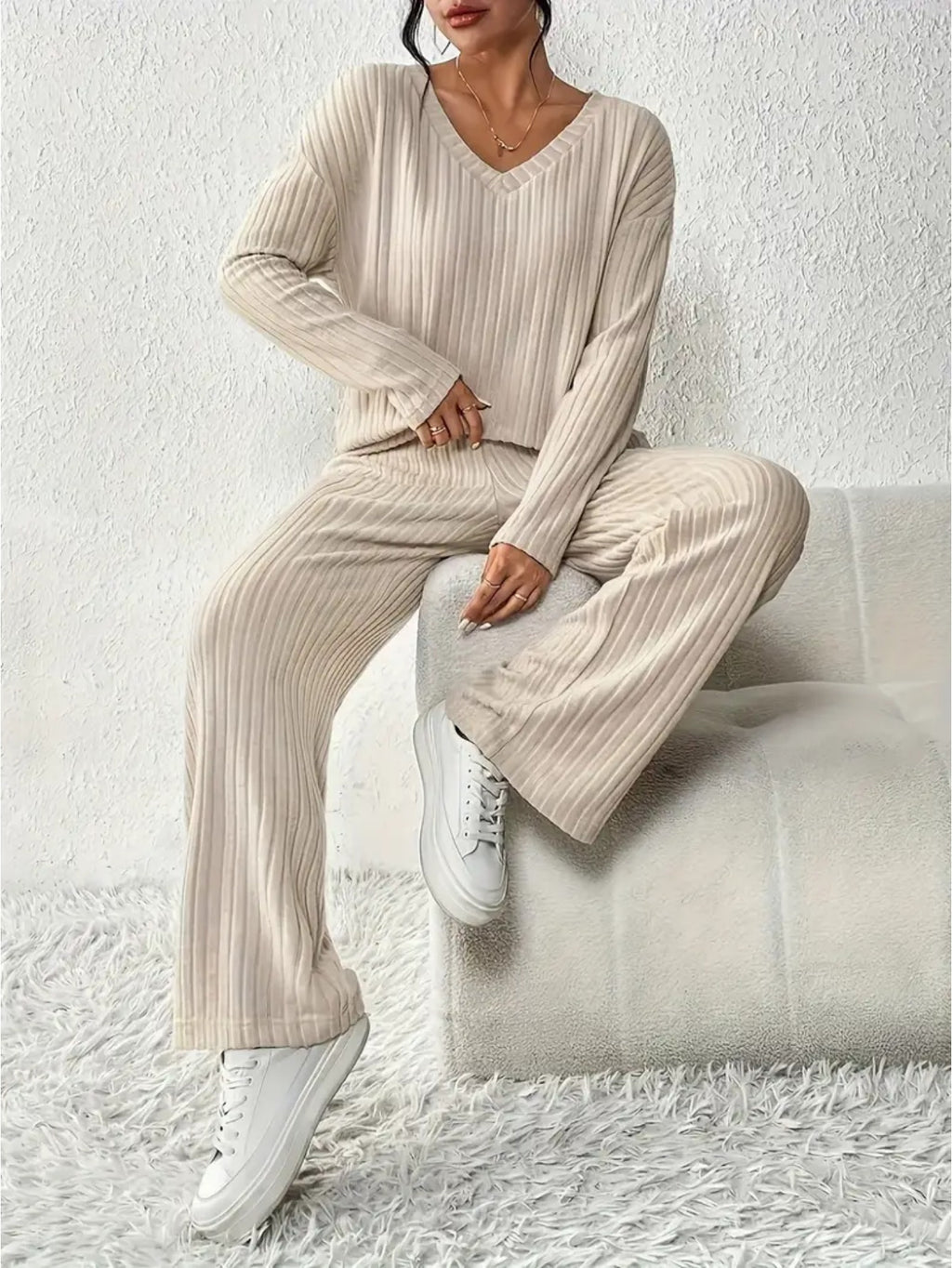 Ribbed Lounge Set Women V-Neck Long Sleeve Top and Straight Pants Suit Casual Homewear with Pockets S-XL