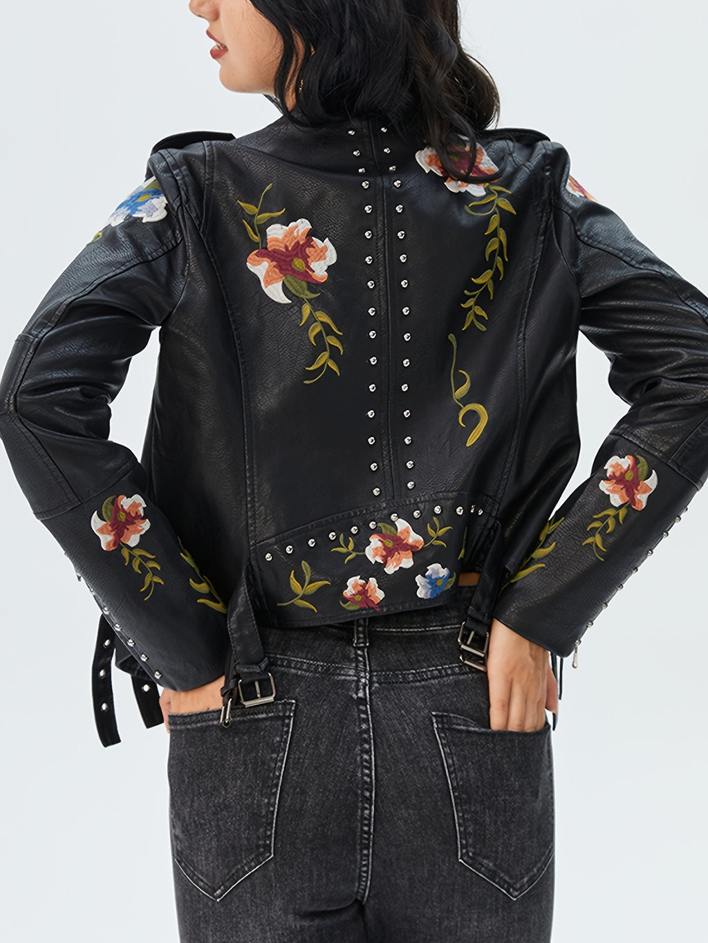 Floral Faux Leather Moto Jacket for Women PU Biker Coat Streetwear Casual Going Out